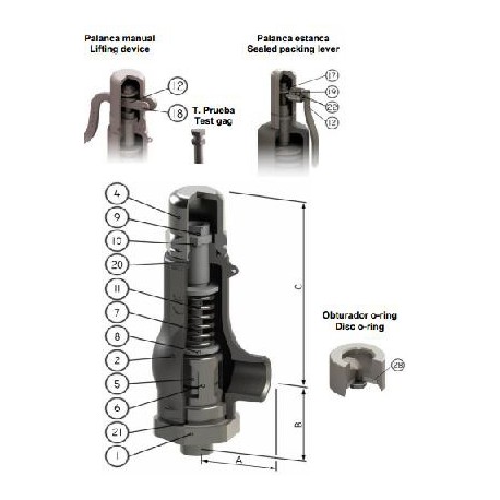 Válvula de seguridad TOSACA roscada 1216 INOX CF3M/316L DN3/4"x1" BSP PN40  con palanca